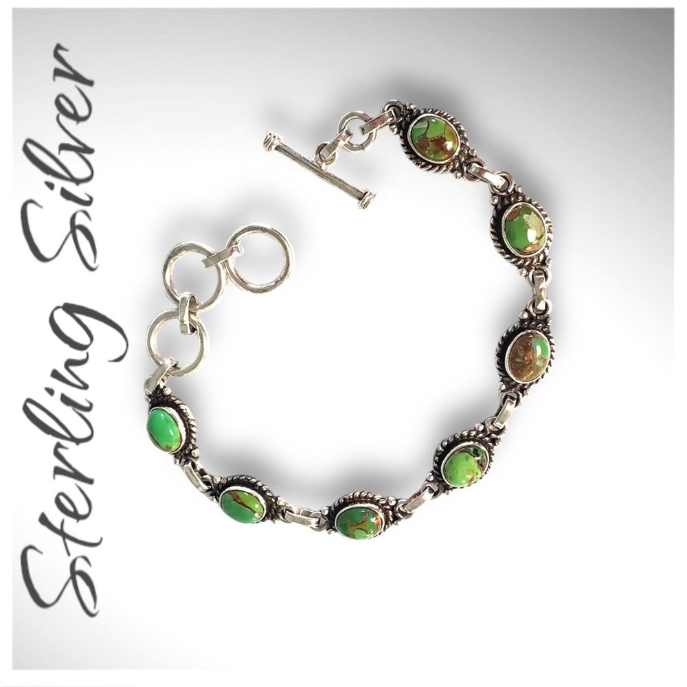 NEW Green Copper Turquoise Bracelet, 925 Sterling Silver Bracelet